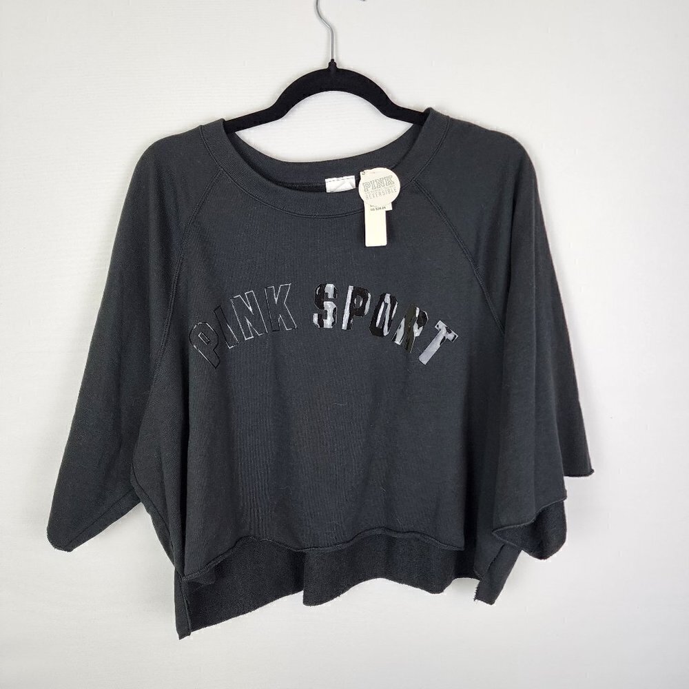 Victoria's Secret PINK Sport Reversible Sweatshirt Black Cropped Raw Hem Large